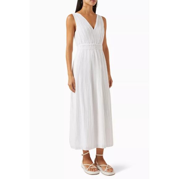 Vince Pleated Double V-neck Maxi Dress Smocked Waist White - Picture 1 of 11